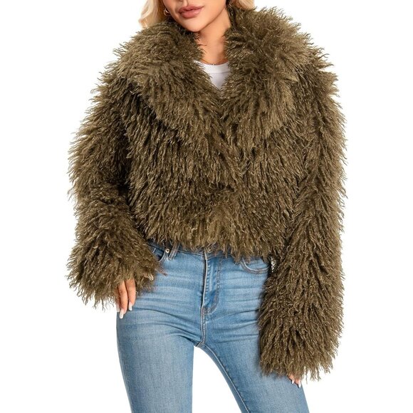 Faux Fur Coat for Women Brown Plus Size Cropped Fluffy Fall Jacket - Picture 1 of 4